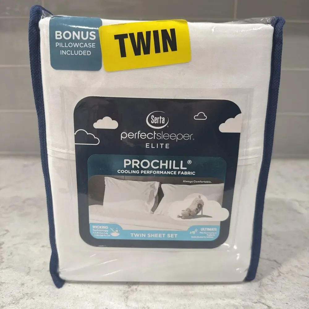 4 Pc TWIN Serta Perfect Sleeper Elite Prochill Cooling Fabric Sheet Set WHITE